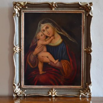 Menší obraz „Madona s Ježíškem“ – malba z počátku 19. stol. na cínovaném plechu