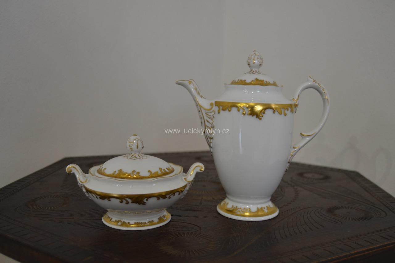 Porcelánová konvička a cukřenka v neoempírovém stylu Porcelánová konvička a cukřenka v neoempírovém stylu