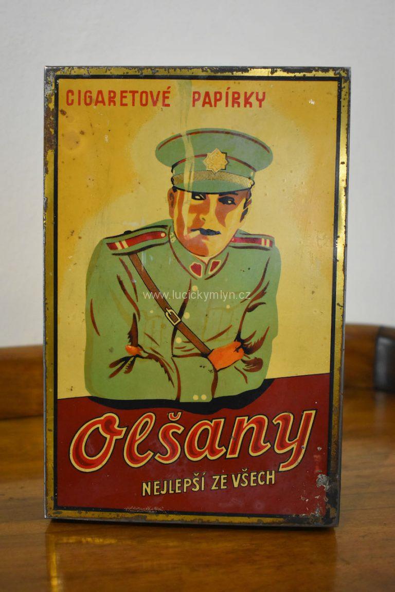 Originální prvorepubliková sběratelská plechovka - cigaretové papírky Olšany