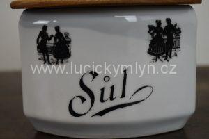 Starožitná závěsná dóza na sůl s oblíbeným motivem rokokových postaviček