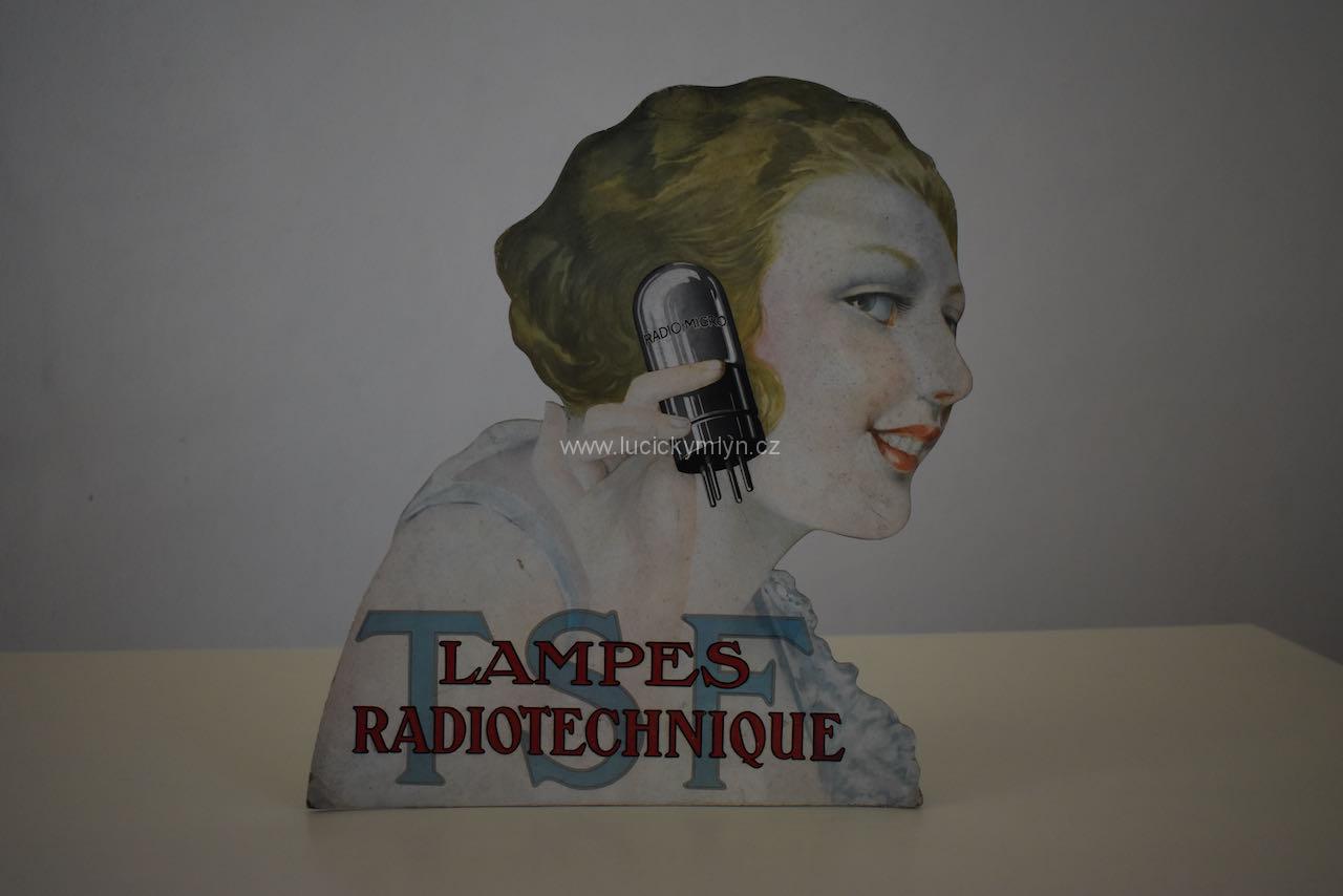 Originální starožitnost – působivá stojací cedule – TSF Lampes radiotechnique Originální starožitnost – působivá stojací cedule – TSF Lampes radiotechnique