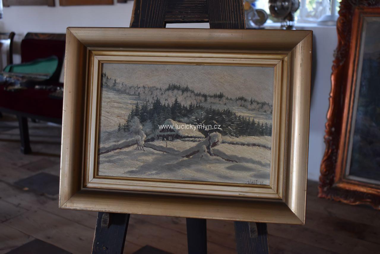 Obraz olej na kartonu - Rodná chaloupka v zasněženém podhůří Obraz olej na kartonu - Rodná chaloupka v zasněženém podhůří