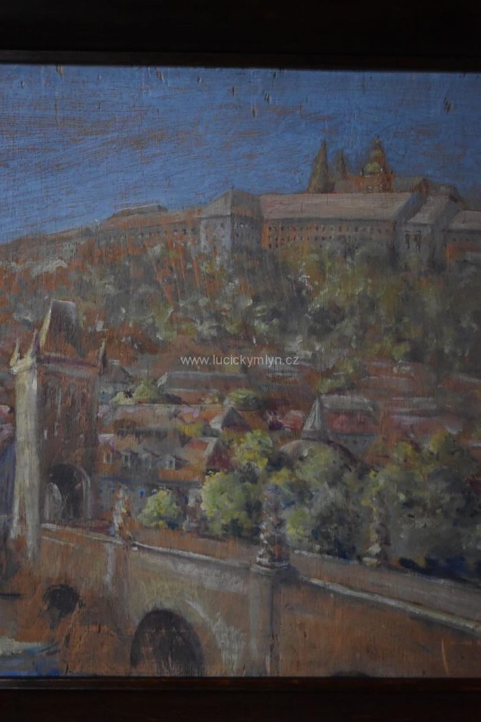 Větší starožitný obraz Prahy s Karlovým mostem a Hradčany,