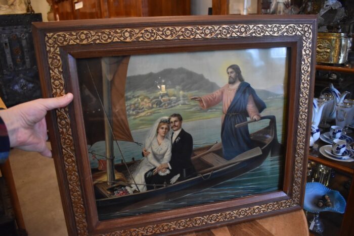 Starožitný obraz s novomanžely a Ježíšem