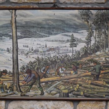 Tištěný starožitný plakát - Kácení lesa v zimě