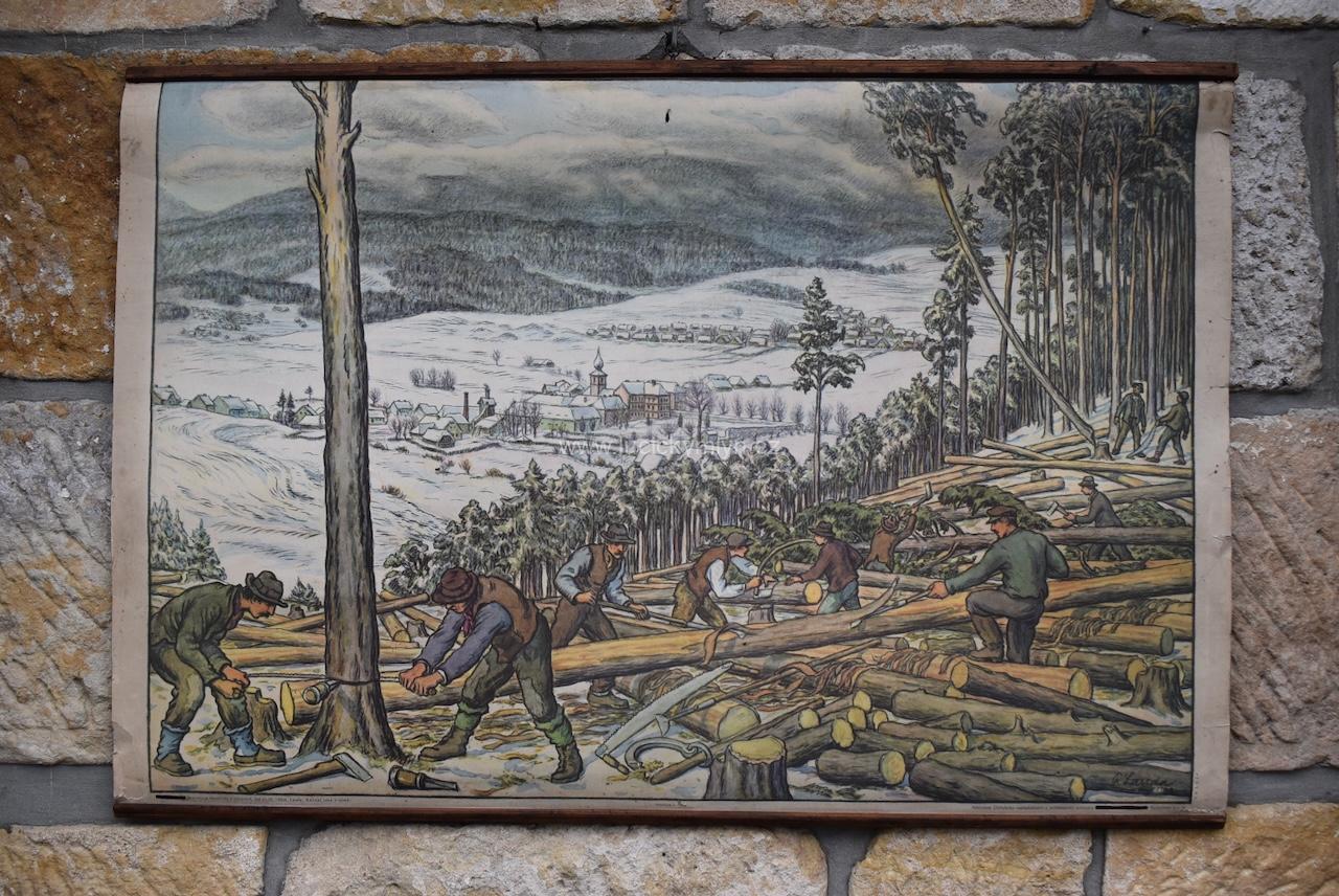 Tištěný starožitný plakát - Kácení lesa v zimě Tištěný starožitný plakát - Kácení lesa v zimě