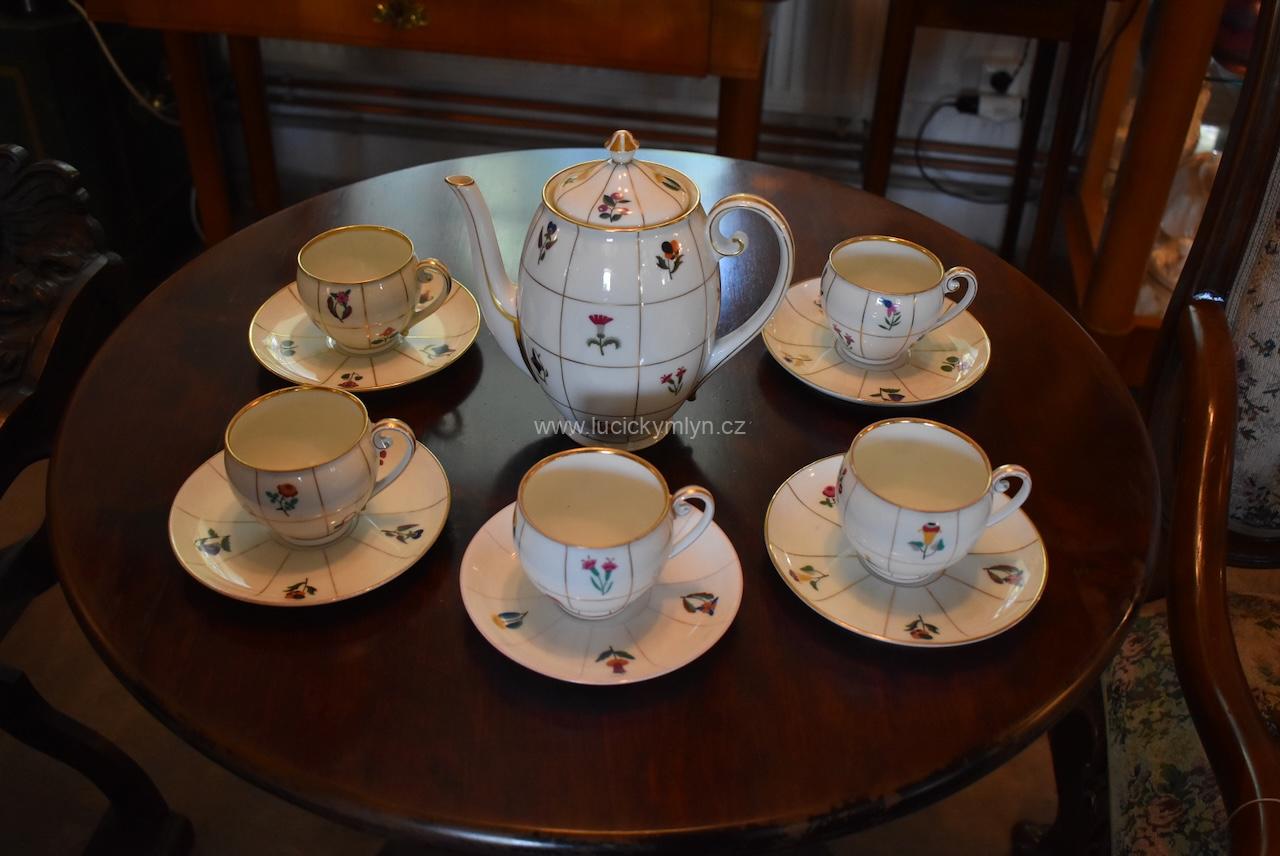 Starožitný ručně malovaný čajový porcelánový servis Pirkenhammer Starožitný ručně malovaný čajový porcelánový servis Pirkenhammer