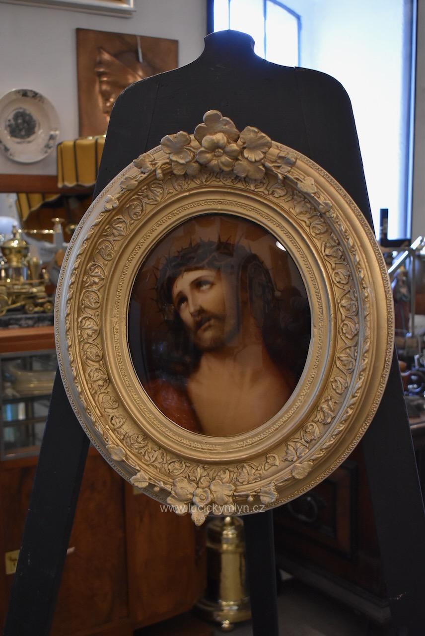 Starožitný zlacený rám s původní italskou reprodukcí Ježíše Krista Starožitný zlacený rám s původní italskou reprodukcí Ježíše Krista