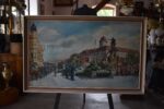 Monumentální obraz osvobození Poděbrad v roce 1945 – sovětské tanky, vítající dav a vzdávající se němečtí vojáci, malíř Mikšovský