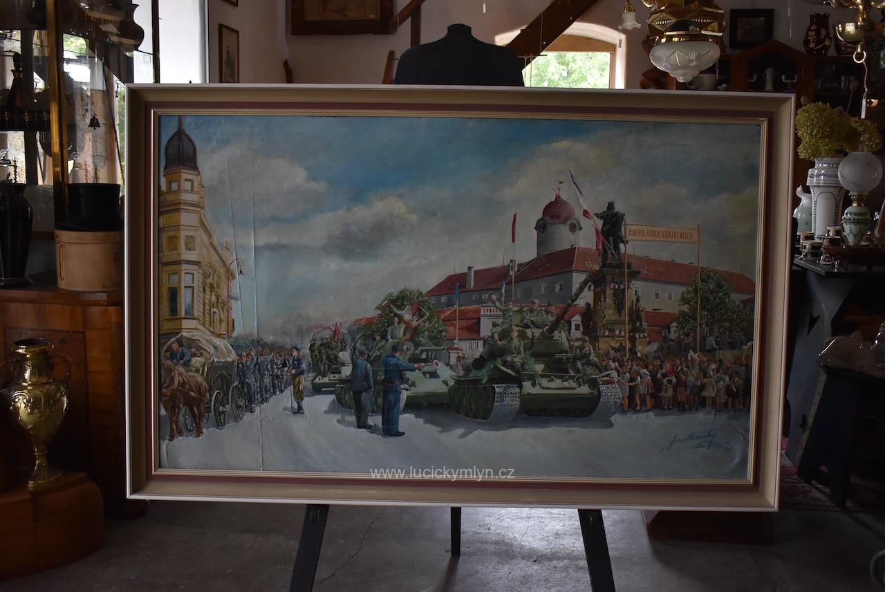 Monumentální obraz osvobození Poděbrad v roce 1945 – sovětské tanky, vítající dav a vzdávající se němečtí vojáci, malíř Mikšovský Monumentální obraz osvobození Poděbrad v roce 1945 – sovětské tanky, vítající dav a vzdávající se němečtí vojáci, malíř Mikšovský