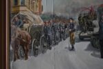 Monumentální obraz osvobození Poděbrad v roce 1945 – sovětské tanky, vítající dav a vzdávající se němečtí vojáci, malíř Mikšovský