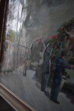 Monumentální obraz osvobození Poděbrad v roce 1945 – sovětské tanky, vítající dav a vzdávající se němečtí vojáci, malíř Mikšovský