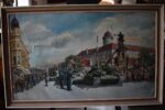 Monumentální obraz osvobození Poděbrad v roce 1945 – sovětské tanky, vítající dav a vzdávající se němečtí vojáci, malíř Mikšovský