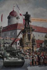 Monumentální obraz osvobození Poděbrad v roce 1945 – sovětské tanky, vítající dav a vzdávající se němečtí vojáci, malíř Mikšovský