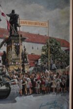 Monumentální obraz osvobození Poděbrad v roce 1945 – sovětské tanky, vítající dav a vzdávající se němečtí vojáci, malíř Mikšovský