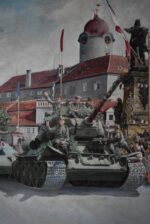Monumentální obraz osvobození Poděbrad v roce 1945 – sovětské tanky, vítající dav a vzdávající se němečtí vojáci, malíř Mikšovský