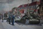 Monumentální obraz osvobození Poděbrad v roce 1945 – sovětské tanky, vítající dav a vzdávající se němečtí vojáci, malíř Mikšovský