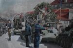 Monumentální obraz osvobození Poděbrad v roce 1945 – sovětské tanky, vítající dav a vzdávající se němečtí vojáci, malíř Mikšovský