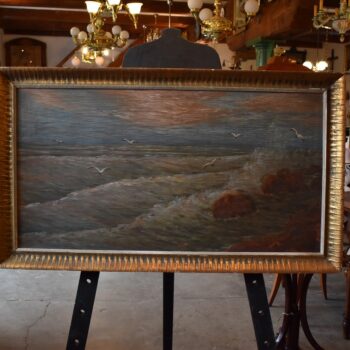 Starožitná mořská krajina se skalami a racky od Tofanova, olej na překližce, 1940.