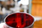 Biedermeierovský pohár s rubínovým pláštěm a zlatou ornamentální malbou