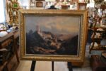 Starožitný tisk na plátně Karlštejn dle Huga Ullika 1872 v původním zlaceném rámu