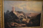 Starožitný tisk na plátně Karlštejn dle Huga Ullika 1872 v původním zlaceném rámu