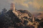 Starožitný tisk na plátně Karlštejn dle Huga Ullika 1872 v původním zlaceném rámu