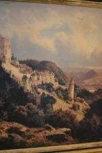 Starožitný tisk na plátně Karlštejn dle Huga Ullika 1872 v původním zlaceném rámu