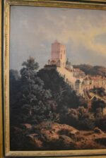 Starožitný tisk na plátně Karlštejn dle Huga Ullika 1872 v původním zlaceném rámu