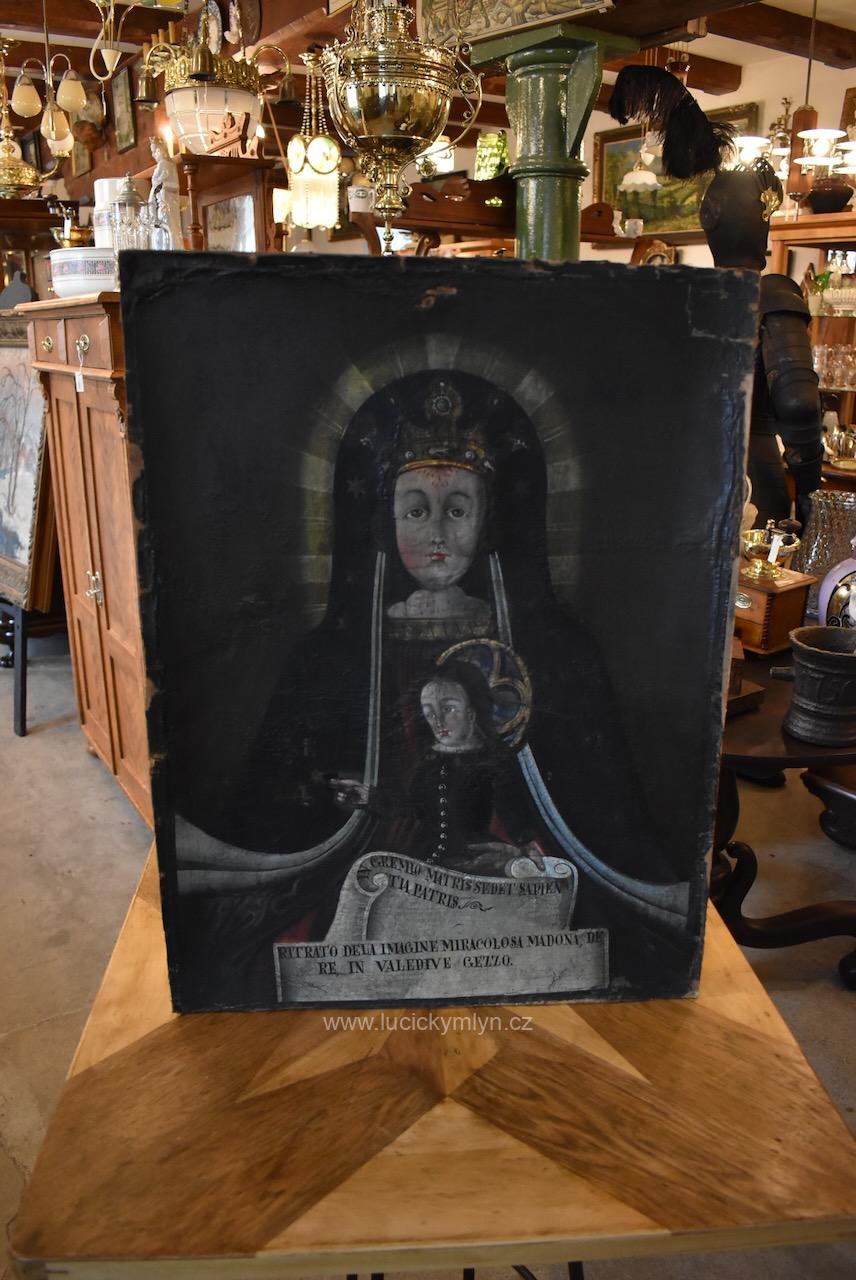 Starožitný obraz „Madonna del Sangue di Re“ - votivní malba na plátně nalepeném na starém kartonu z období okolo 1/2 19. stol. Starožitná votivní malba Madonna del Sangue di Re, olej na plátně, 1. pol. 19. století.