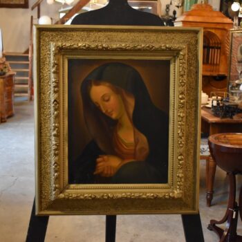 Biedermeirovská malba Panny Marie přímluvkyně olejem na plechu v zlaceném rámu