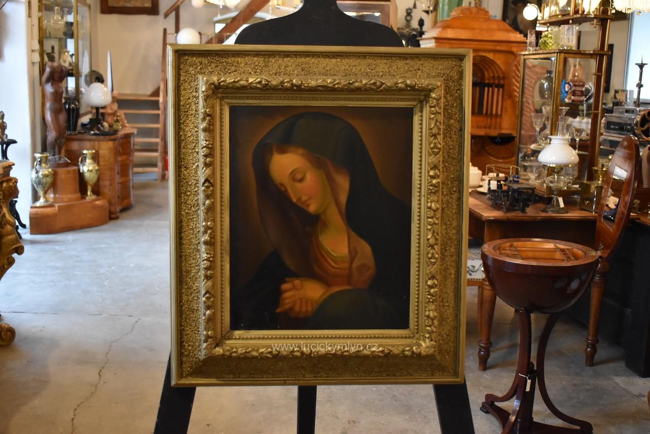 Kvalitní starožitný obraz z období biedermeieru mezi lety 1840-60, ruční malba „přímluvkyně“ Panny Marie na cínovaném plechu usazená v plasticky zdobeném a temně zlaceném prvorepublikovém rámu Biedermeirovská malba Panny Marie přímluvkyně olejem na plechu v zlaceném rámu