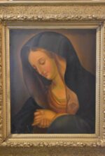 Biedermeirovská malba Panny Marie přímluvkyně olejem na plechu v zlaceném rámu