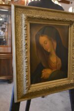 Biedermeirovská malba Panny Marie přímluvkyně olejem na plechu v zlaceném rámu