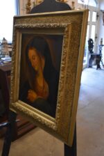 Biedermeirovská malba Panny Marie přímluvkyně olejem na plechu v zlaceném rámu