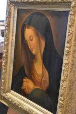 Biedermeirovská malba Panny Marie přímluvkyně olejem na plechu v zlaceném rámu