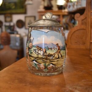 Starožitný dárkový půllitr Josef s cínovou montáží a ručně malovaným selským motivem