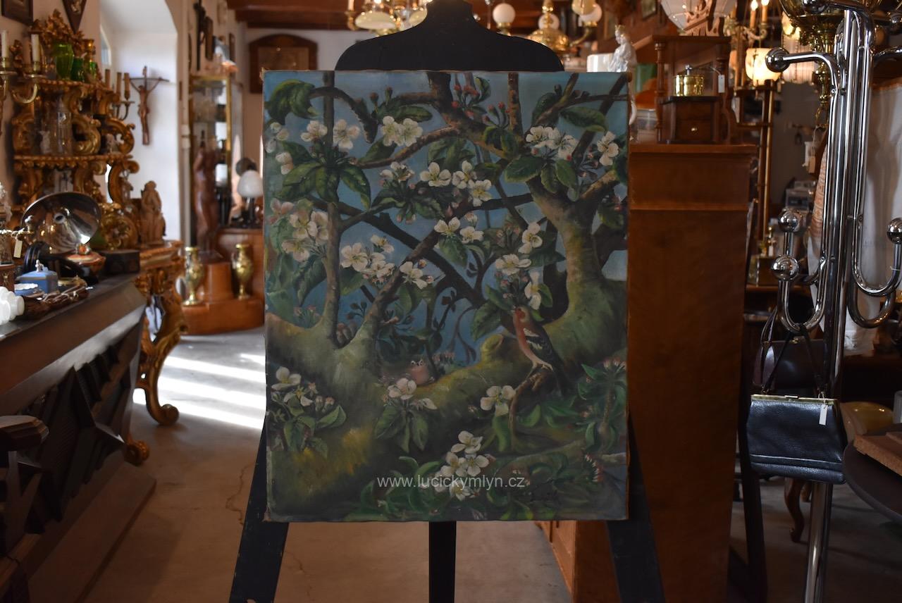 Starožitný romantický obraz z období okolo 1/2 19. stol. - dekorativní malba kvetoucího stromu s ptáčky - olej na plátně signováno nerámováno Starožitná romantická malba kvetoucího stromu s ptáčky, olej na plátně, okolo poloviny 19. století.