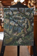 Starožitná romantická malba kvetoucího stromu s ptáčky, olej na plátně, okolo poloviny 19. století.