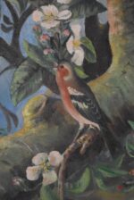 Starožitná romantická malba kvetoucího stromu s ptáčky, olej na plátně, okolo poloviny 19. století.