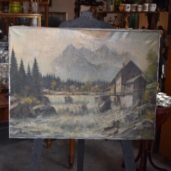 Romantická alpská krajina s mlýnem od Ernsta Hüthera, olej na plátně, 2. pol. 19. století.