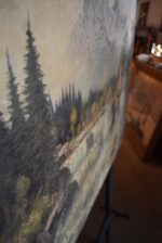 Romantická alpská krajina s mlýnem od Ernsta Hüthera, olej na plátně, 2. pol. 19. století.