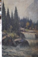 Romantická alpská krajina s mlýnem od Ernsta Hüthera, olej na plátně, 2. pol. 19. století.