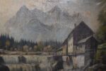 Romantická alpská krajina s mlýnem od Ernsta Hüthera, olej na plátně, 2. pol. 19. století.