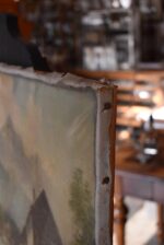 Romantická alpská krajina s mlýnem od Ernsta Hüthera, olej na plátně, 2. pol. 19. století.