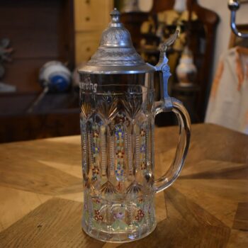 Starožitný pamětní pivní půllitr s cínovým víčkem a nápisem Zur Erinnerung