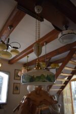 Starožitné skleněné stínidlo na stahovačku s kamejovou strukturou růžovo-hnědého kamene