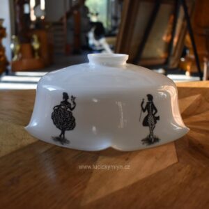 Starožitné stínidlo na stahovačku s malovanými stínovými rokokovými tanečníky.