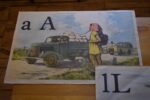 Starožitné školní plakáty Živá abeceda s ilustracemi Baumbrucka a verši Hrubína z roku 1971