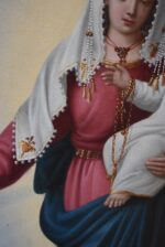 Starožitná olejomalba Panny Marie Svatohostýnské s Ježíškem metajícím blesky po roce 1870.